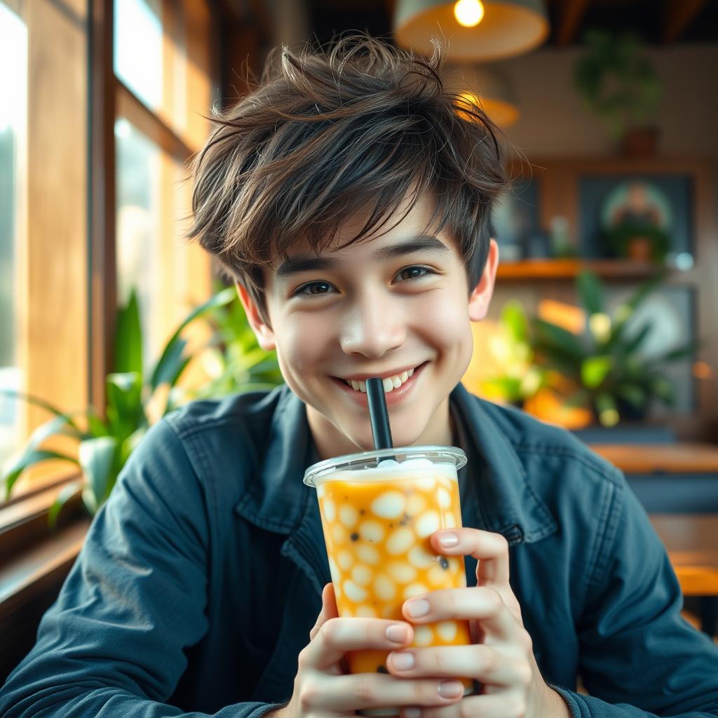 Cozy Vibes: Young Man with Boba