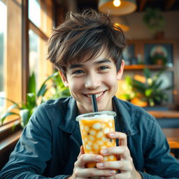 A cute young man with a charming smile, sitting at a cozy café, sipping on a colorful boba drink with large tapioca pearls
