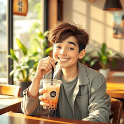 A cute young man with a charming smile, sitting at a cozy café, sipping on a colorful boba drink with large tapioca pearls