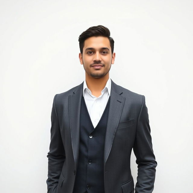 A person dressed in a professional outfit, complete with a tailored blazer and dress shirt
