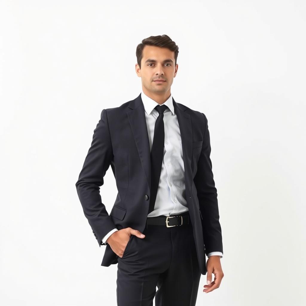 A person dressed in a professional outfit, complete with a tailored blazer and dress shirt