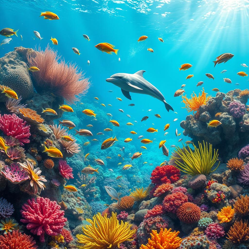 An enchanting underwater scene filled with vibrant coral reefs in a multitude of colors, teeming with exotic fish of different shapes and sizes swimming joyfully