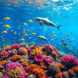 An enchanting underwater scene filled with vibrant coral reefs in a multitude of colors, teeming with exotic fish of different shapes and sizes swimming joyfully