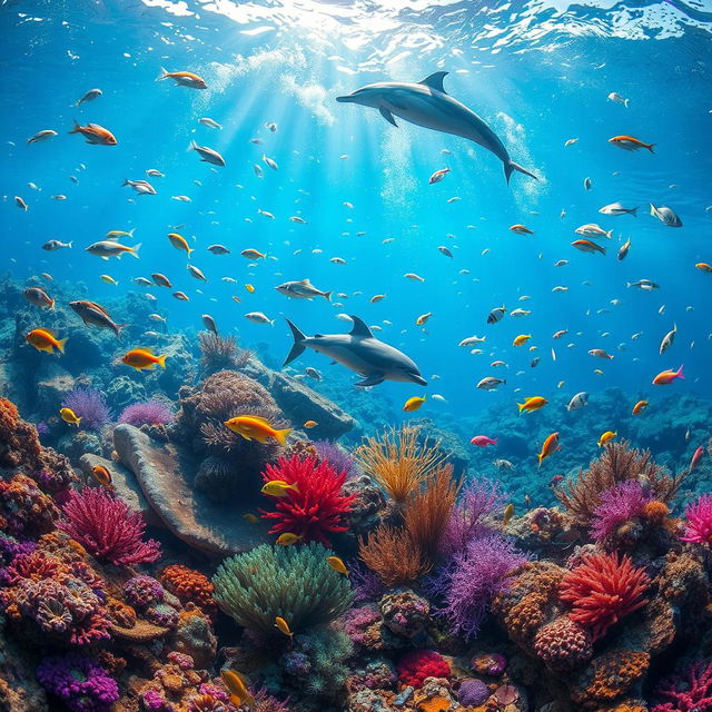 An enchanting underwater scene filled with vibrant coral reefs in a multitude of colors, teeming with exotic fish of different shapes and sizes swimming joyfully