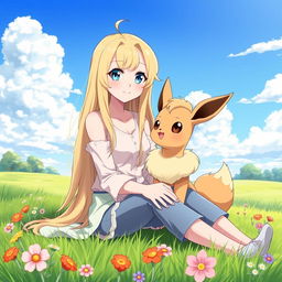 An anime-style illustration featuring a blonde adult girl with long flowing hair, sitting elegantly on a grassy field