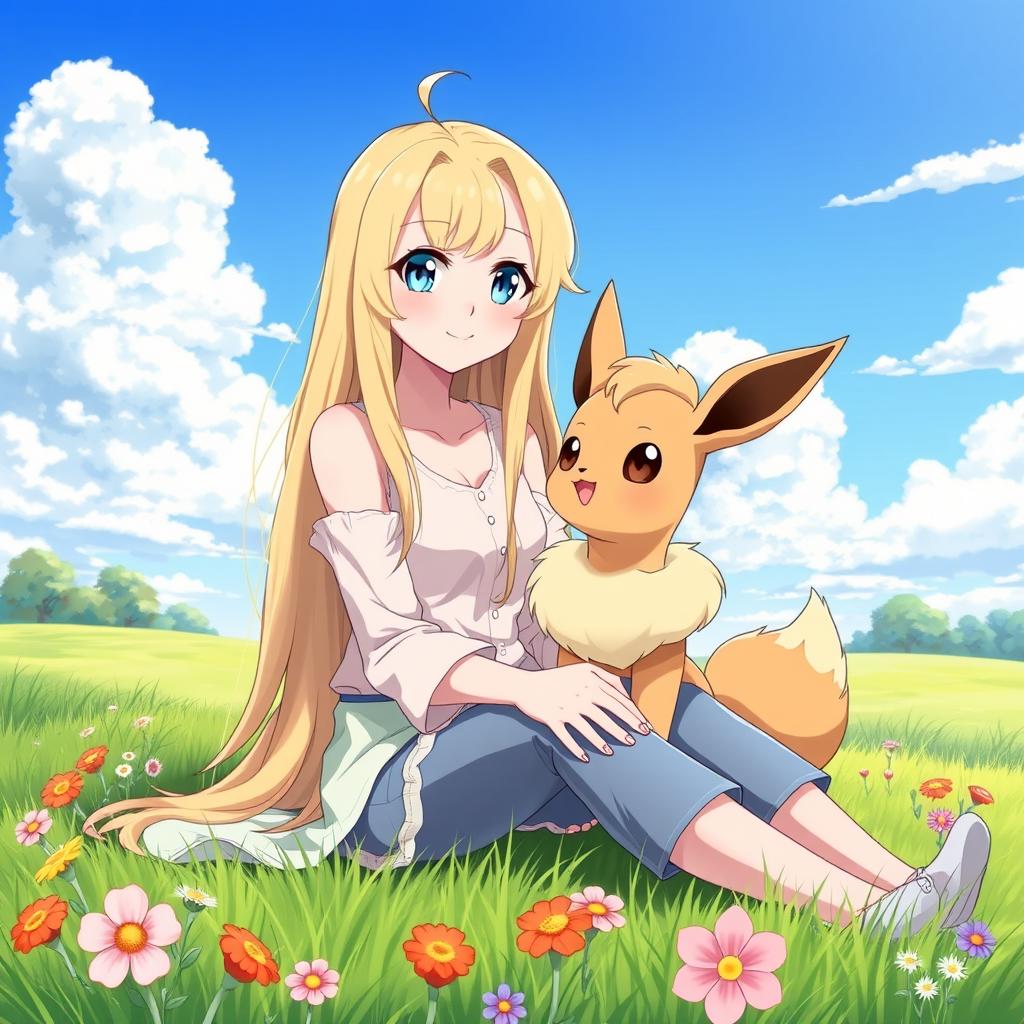 An anime-style illustration featuring a blonde adult girl with long flowing hair, sitting elegantly on a grassy field