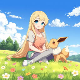 An anime-style illustration featuring a blonde adult girl with long flowing hair, sitting elegantly on a grassy field