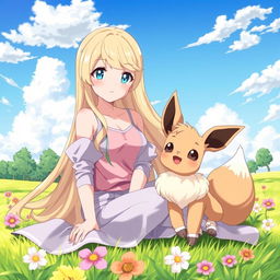 An anime-style illustration featuring a blonde adult girl with long flowing hair, sitting elegantly on a grassy field