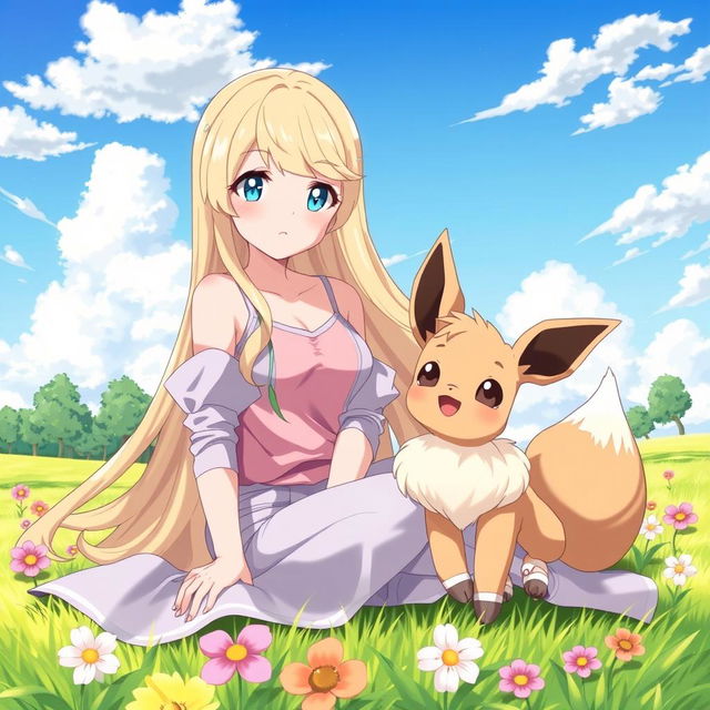 An anime-style illustration featuring a blonde adult girl with long flowing hair, sitting elegantly on a grassy field