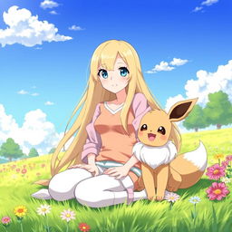 An anime-style illustration featuring a blonde adult girl with long flowing hair, sitting elegantly on a grassy field