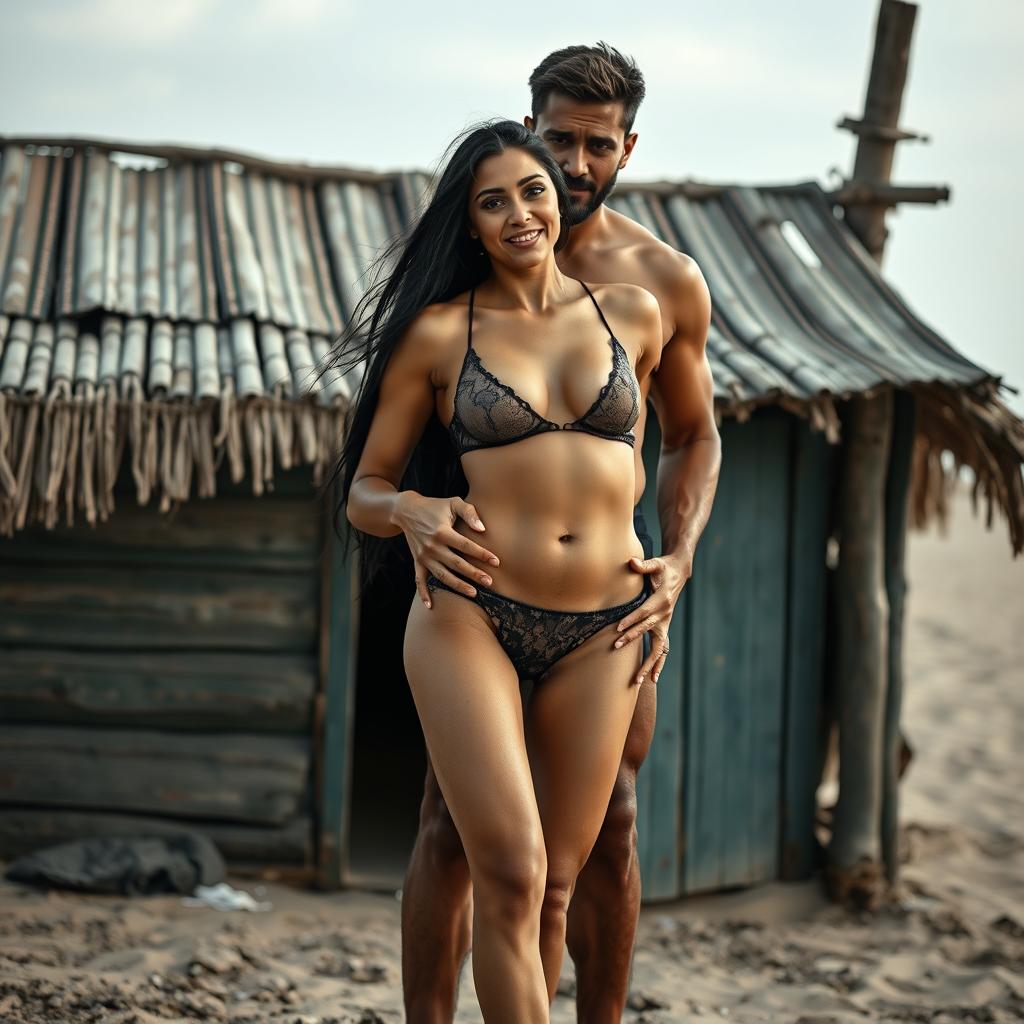 A full-length intimate photo shoot at a rustic, weathered beach hut featuring a 22-year-old stunning Arab woman in a transparent wet micro bikini that highlights her attractive figure, including sexy boobs, a hot navel, and seductive thighs