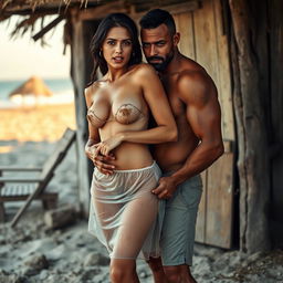 A full-length intimate photo shoot at a rustic beach hut featuring a 22-year-old beautiful Arab woman in a transparent wet microskirt, playfully covered in dirt, showcasing her sexy boobs, hot navel, and seductive thighs