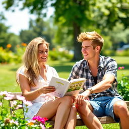 A confident and attractive woman in her 40s, casually dressed in stylish summer attire, sitting comfortably in a sunlit park, enjoying a book