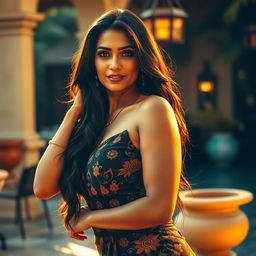 A captivating Indian woman in her 40s with an alluring presence, wearing a stylish and elegant outfit that accentuates her curves