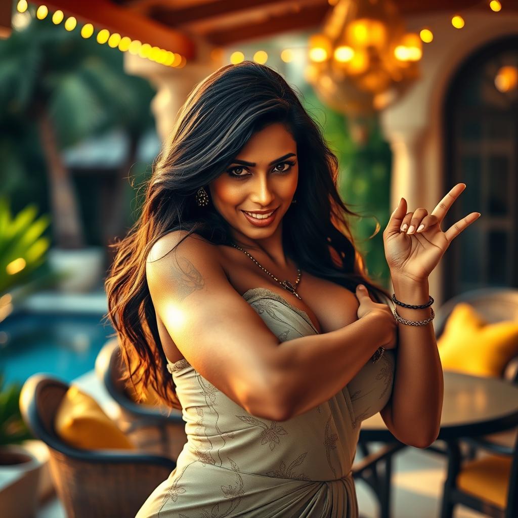 A captivating Indian woman in her 40s with an alluring presence, wearing a stylish and elegant outfit that accentuates her curves