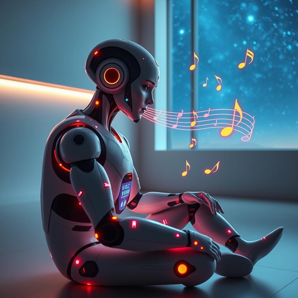 A futuristic AI with a sleek design, featuring luminous accents and holographic display, sitting in a modern, minimalistic room