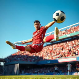 A dynamic and intense scene of a male football player, reminiscent of Cristiano Ronaldo, showcasing his extraordinary skills on the field during a match