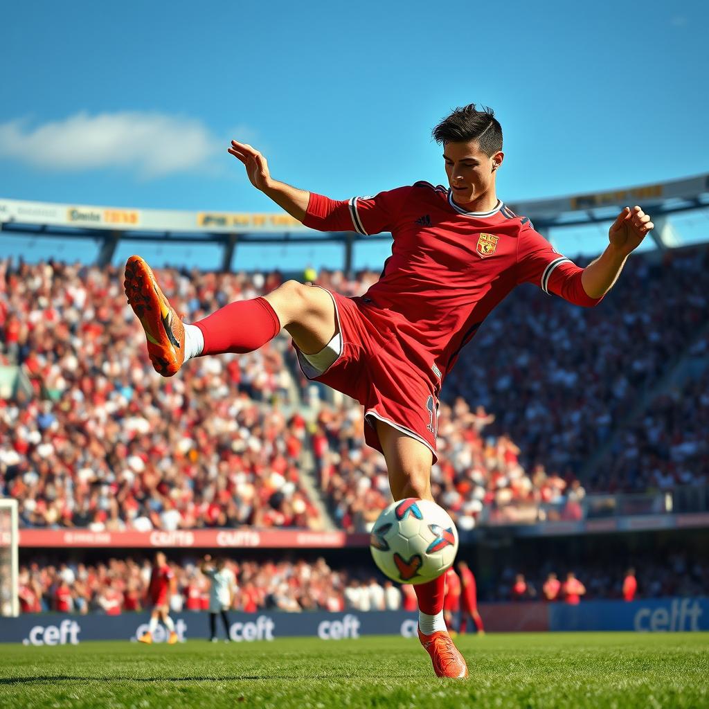 A dynamic and intense scene of a male football player, reminiscent of Cristiano Ronaldo, showcasing his extraordinary skills on the field during a match