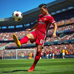 A dynamic and intense scene of a male football player, reminiscent of Cristiano Ronaldo, showcasing his extraordinary skills on the field during a match