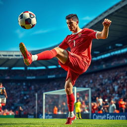 A dynamic and intense scene of a male football player, reminiscent of Cristiano Ronaldo, showcasing his extraordinary skills on the field during a match