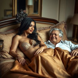 An alluring Indian woman in her 40s, embodying confidence and sensuality, is playfully lounging on a luxurious bed adorned with rich fabrics and decorative pillows