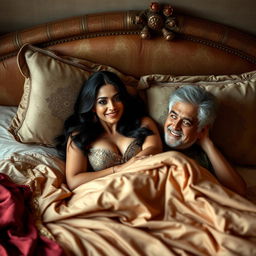 An alluring Indian woman in her 40s, embodying confidence and sensuality, is playfully lounging on a luxurious bed adorned with rich fabrics and decorative pillows