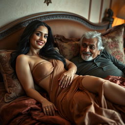 An alluring Indian woman in her 40s, embodying confidence and sensuality, is playfully lounging on a luxurious bed adorned with rich fabrics and decorative pillows