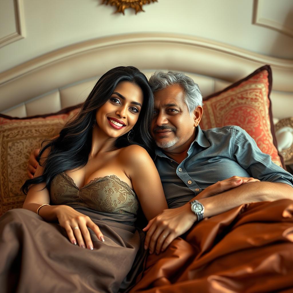 An alluring Indian woman in her 40s, embodying confidence and sensuality, is playfully lounging on a luxurious bed adorned with rich fabrics and decorative pillows