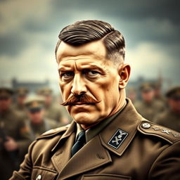 A strong man with facial features reminiscent of a classic military leader, resembling a vintage war hero