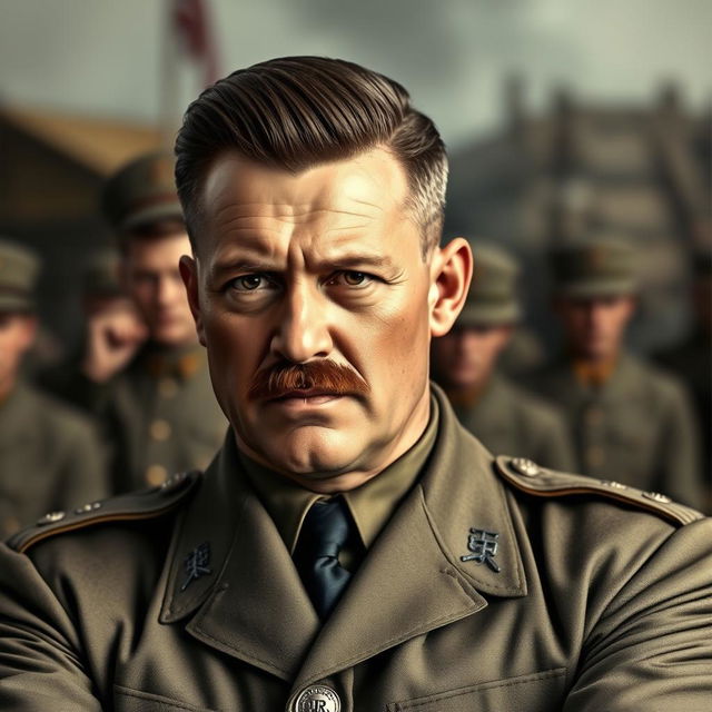 A strong man with facial features reminiscent of a classic military leader, resembling a vintage war hero