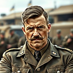 A strong man with facial features reminiscent of a classic military leader, resembling a vintage war hero