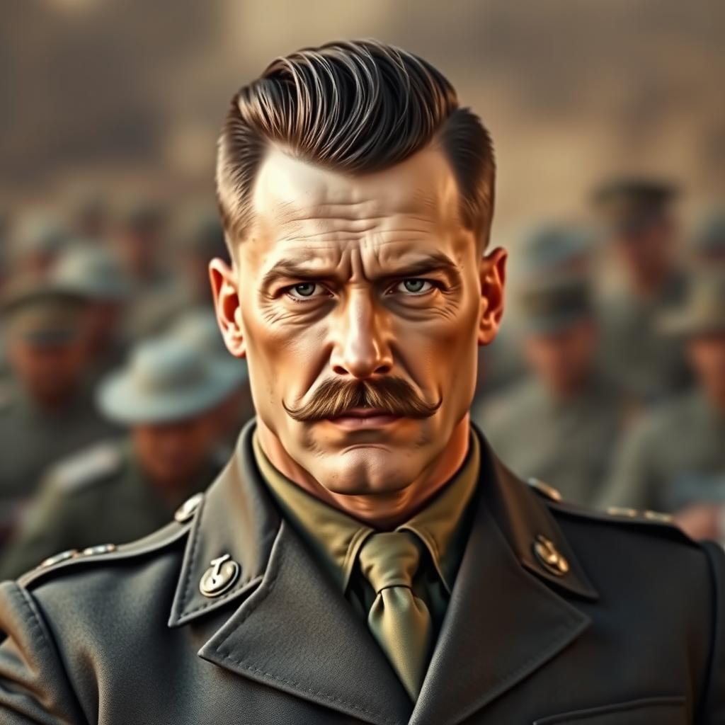 A strong man with facial features reminiscent of a classic military leader, resembling a vintage war hero