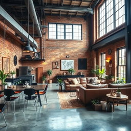 A stunning industrial style interior design showcasing a spacious loft with high ceilings, exposed brick walls, and large windows allowing natural light to fill the room