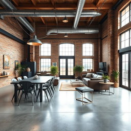A stunning industrial style interior design showcasing a spacious loft with high ceilings, exposed brick walls, and large windows allowing natural light to fill the room