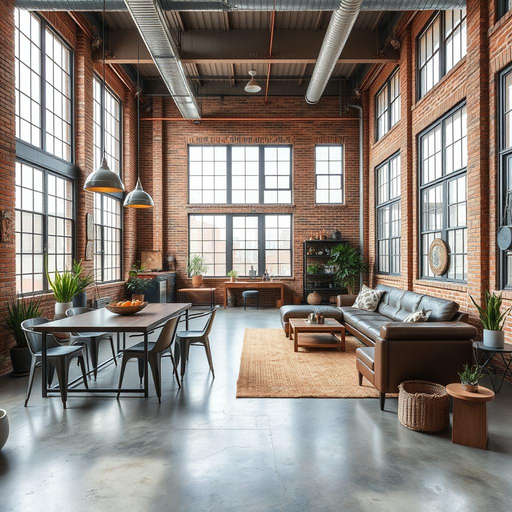 A stunning industrial style interior design showcasing a spacious loft with high ceilings, exposed brick walls, and large windows allowing natural light to fill the room