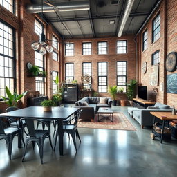 A stunning industrial style interior design showcasing a spacious loft with high ceilings, exposed brick walls, and large windows allowing natural light to fill the room