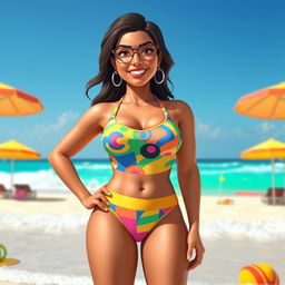 An attractive Indian woman in her 40s, styled as a Roblox character, wearing a vibrant and trendy swim suit that highlights her confident persona