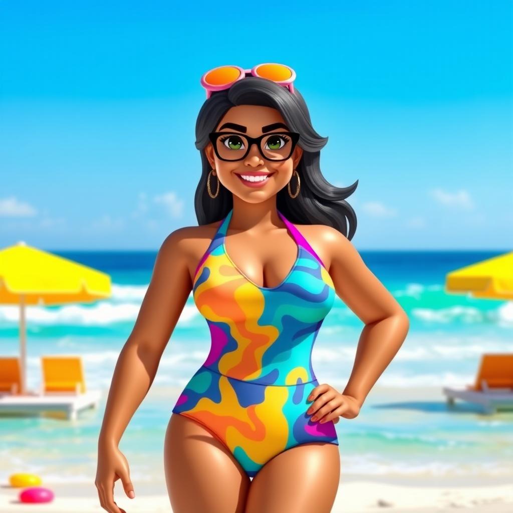 An attractive Indian woman in her 40s, styled as a Roblox character, wearing a vibrant and trendy swim suit that highlights her confident persona