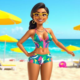 An attractive Indian woman in her 40s, styled as a Roblox character, wearing a vibrant and trendy swim suit that highlights her confident persona
