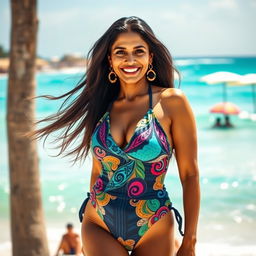A stunning Indian woman in her 40s, embodying confidence and allure, is wearing a fashionable and vibrant swim suit