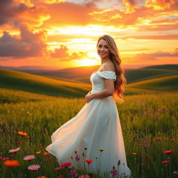 A detailed image of an elegant woman in a flowing white dress, standing confidently in a lush green meadow, surrounded by vibrant wildflowers