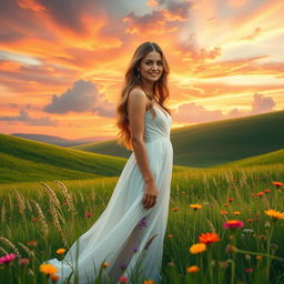 A detailed image of an elegant woman in a flowing white dress, standing confidently in a lush green meadow, surrounded by vibrant wildflowers