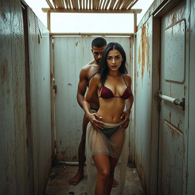 A full-length intimate photo shoot in a rustic, unkempt beach toilet featuring a gorgeous 22-year-old Arab woman in a transparent wet microskirt, playfully covered in dirt, showcasing her sexy boobs, hot navel, and seductive thighs