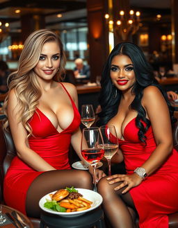 A high-class restaurant setting featuring two sexy, curvaceous lesbians enjoying a meal together