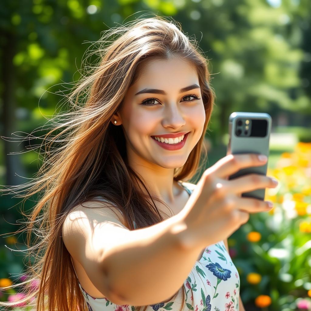 A young woman with long flowing brown hair holding a handheld device as if taking a selfie, her expression joyful and engaging