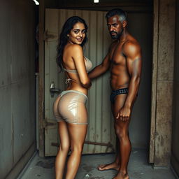 A full-length intimate photo shoot set in a rustic, unkempt beach toilet, featuring a beautiful 22-year-old Arab woman in a transparent wet microskirt, covered in dirt, highlighting her sexy figure with prominent boobs, a hot navel, and seductive thighs