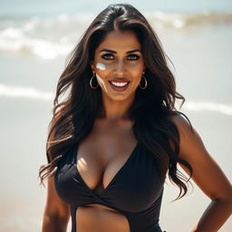 An alluring Indian woman in her 40s, embodying the charm of a sexy 'bhabhi', is wearing a stylish swim suit while playfully biting her lips with a captivating gaze