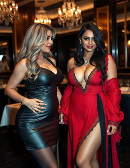 A high-class restaurant setting featuring two curvaceous, busty, sexy women
