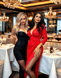 A high-class restaurant setting featuring two curvaceous, busty, sexy women