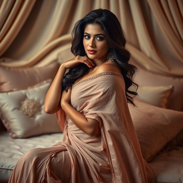 A sensual interpretation of an Indian woman embodying the 'bhabhi' trope, posed elegantly in a tasteful and artistic manner